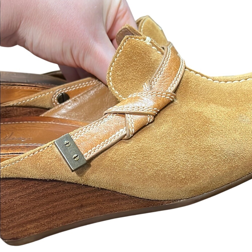 Cole Haan Suede Mules Wood Wedge 3.5" Heel Clogs Slip-Ons Tan Shoes Brazilian‎ - Picture 6 of 8